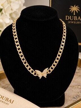 22kgp Dubai Jewelry Gold Butterfly Pavé Chain Necklace - Women's Jewelry